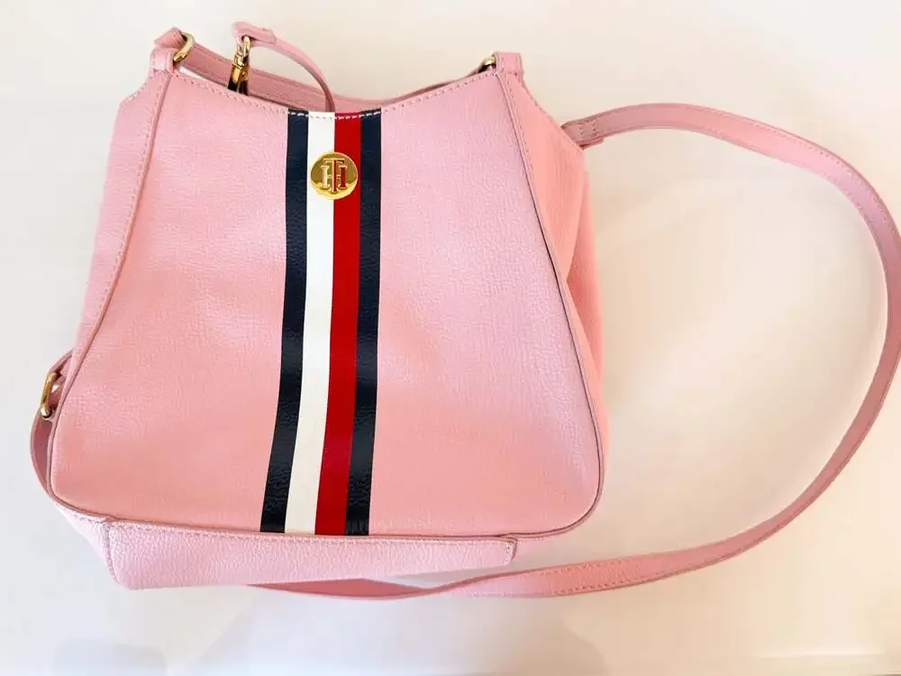 Tommy Hilfiger Pink Pebbled Leather Signature Stripe Crossbody Handbag